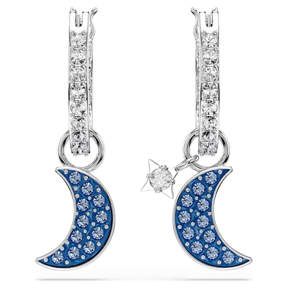 Orecchini pendenti Symbolica, Taglio Round, Luna, Blu, Placcato rodio - Swarovski, 5754387