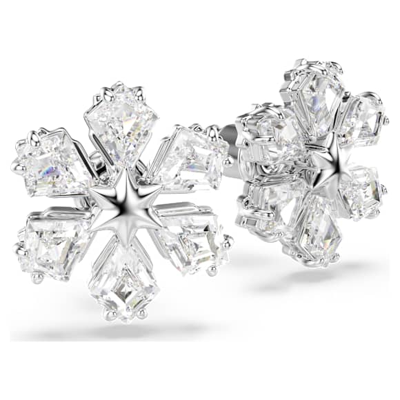 Idyllia stud earrings, Mixed cuts, Snowflake, White, Rhodium plated - Swarovski, 5754687