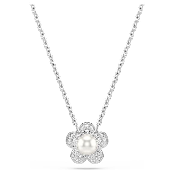Ariana Grande x Swarovski pendant, Crystal Pearl, Round cut, Flower, White, Rhodium plated - Swarovski, 5755817