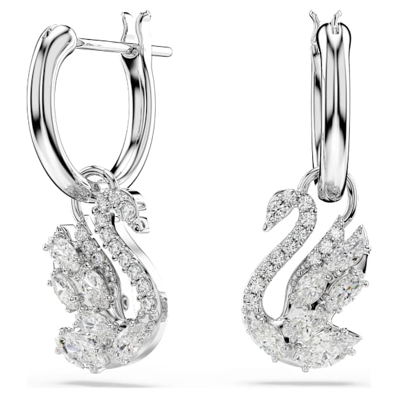 Swan csepp alakú fülbevaló, Vegyes metszés, Hattyú, Fehér, Ródium bevonattal - Swarovski, 5759942