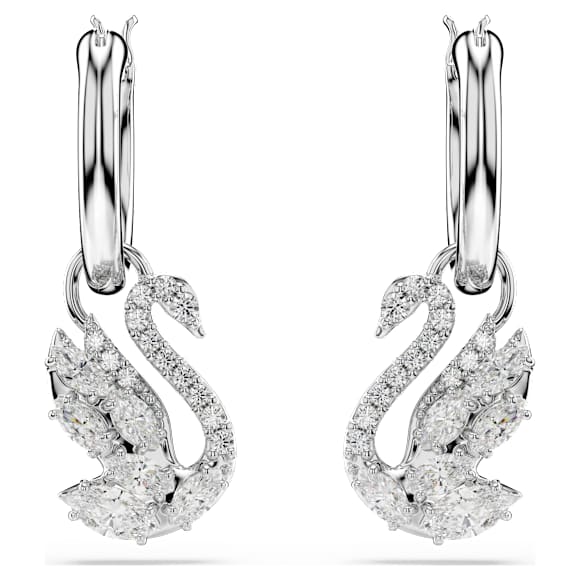Swan ドロップピアス, ミックスカット, スワン, ホワイト, ロジウム・プレーティング - Swarovski, 5759942