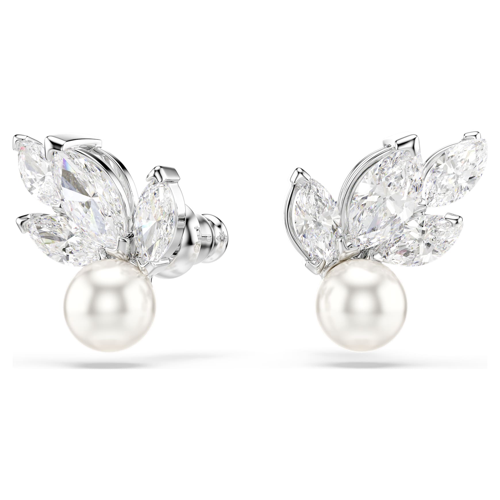 Louison Pearl stud earrings, Leaf, White, Rhodium plated by SWAROVSKI