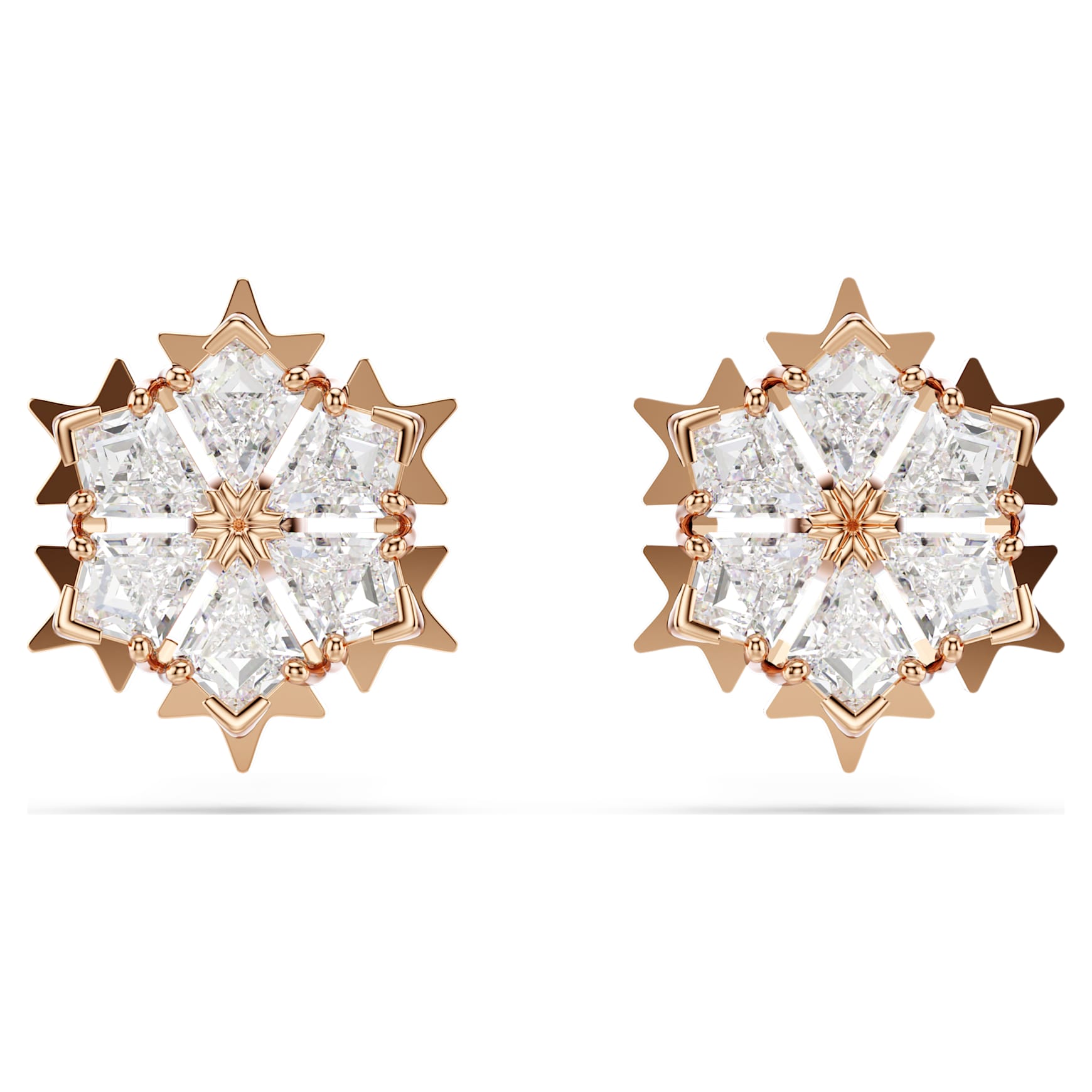 Magic stud earrings, Snowflake, White, 18K rose gold finish
