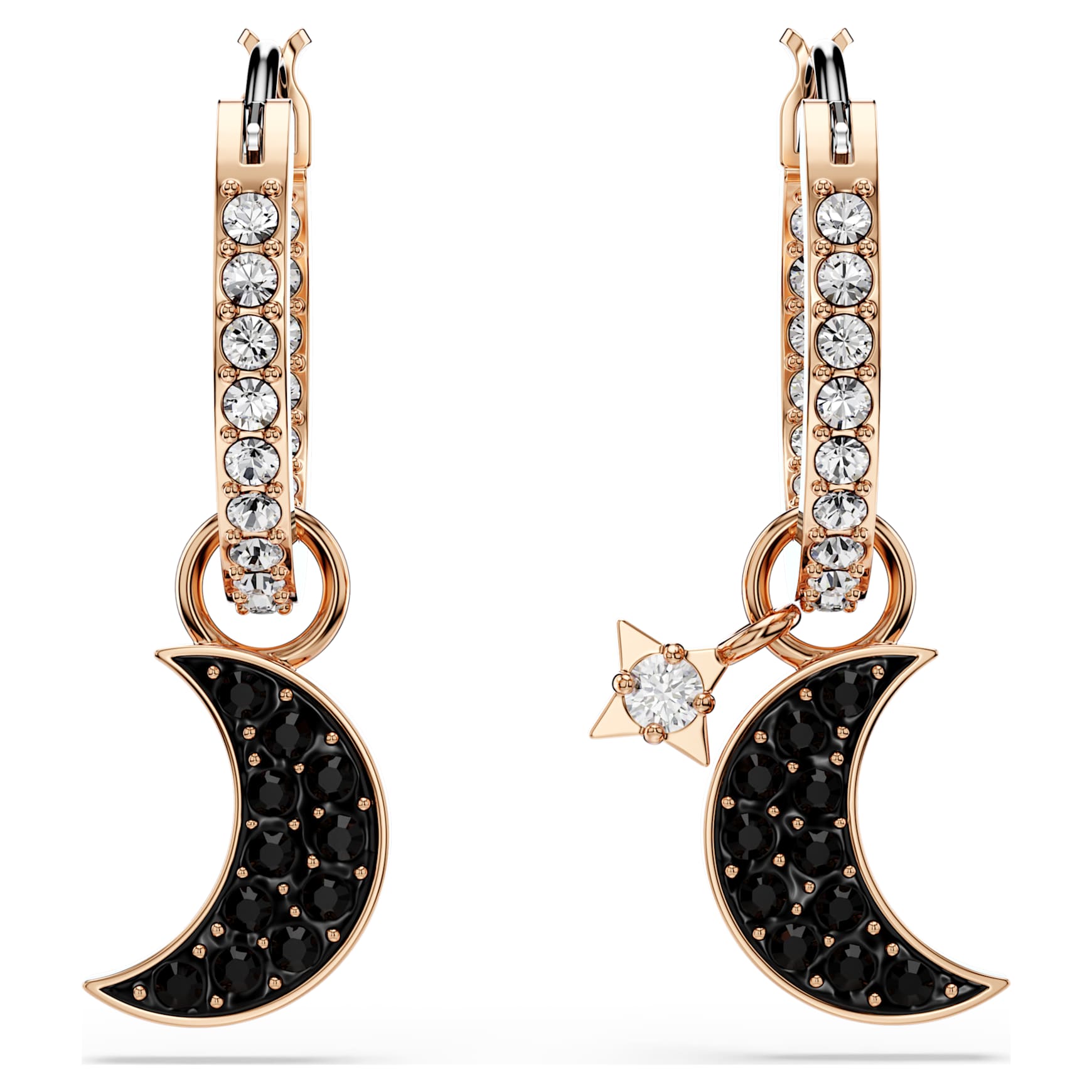 Symbolica drop earrings, Moon and star, Black, 18K rose gold finish