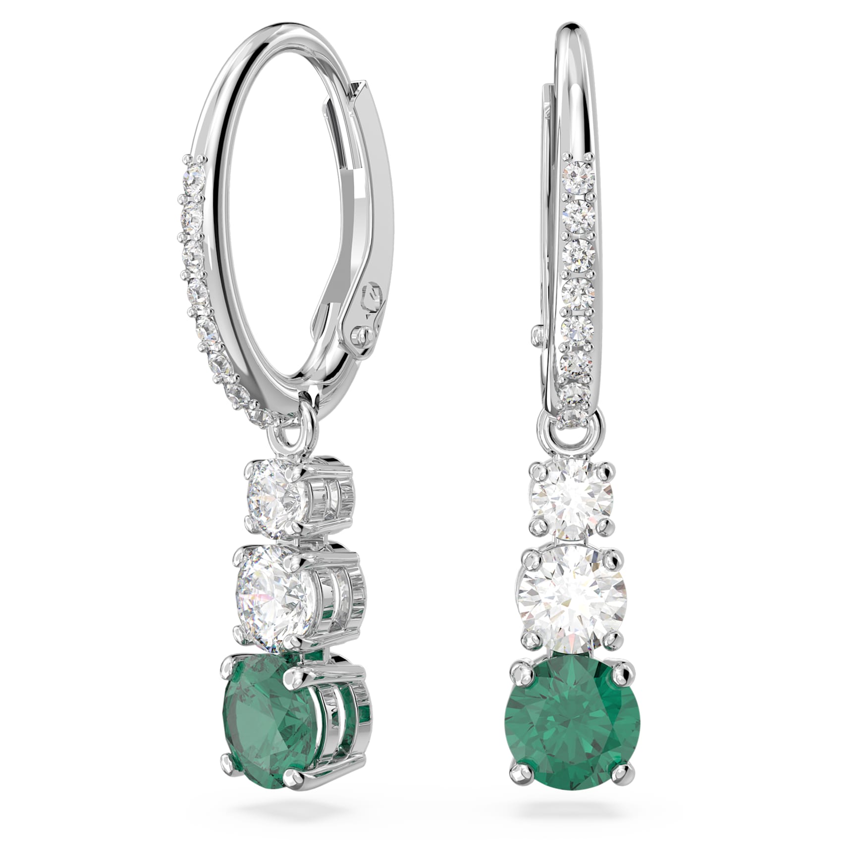 Stilla hoop earrings, Round cut, Green, Rhodium plated