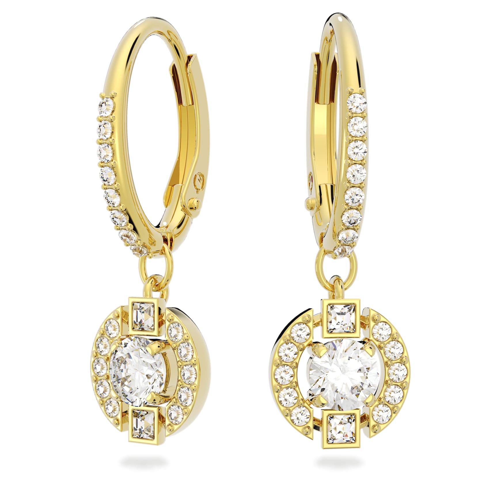 Una drop earrings, Round cut, White, 18K gold finish