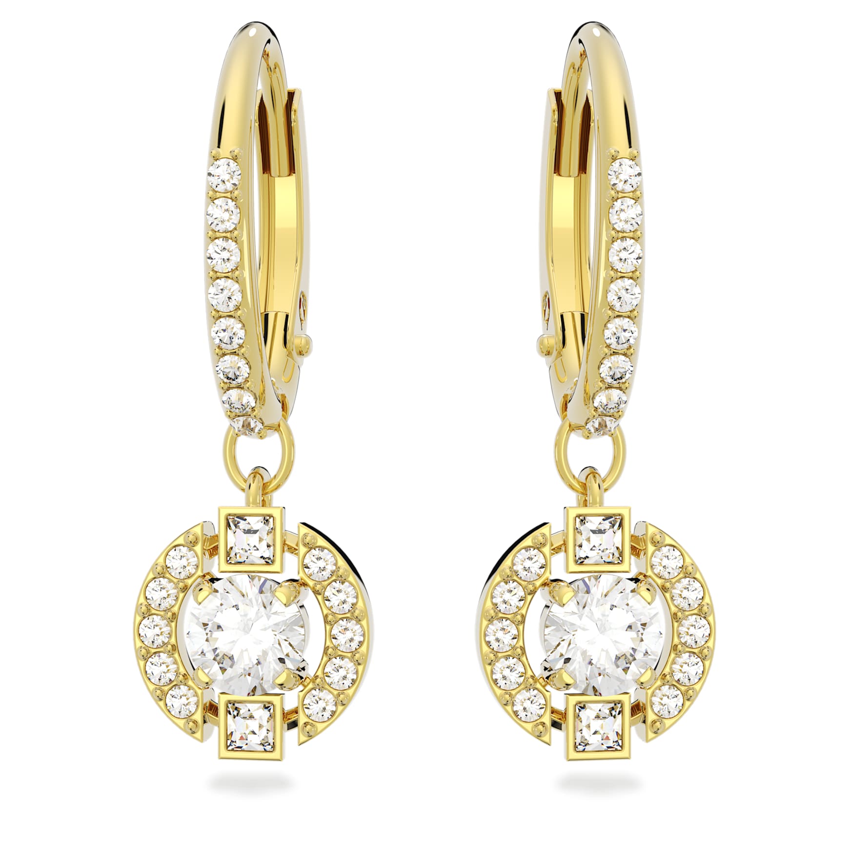 Una drop earrings, Round cut, White, 18K gold finish