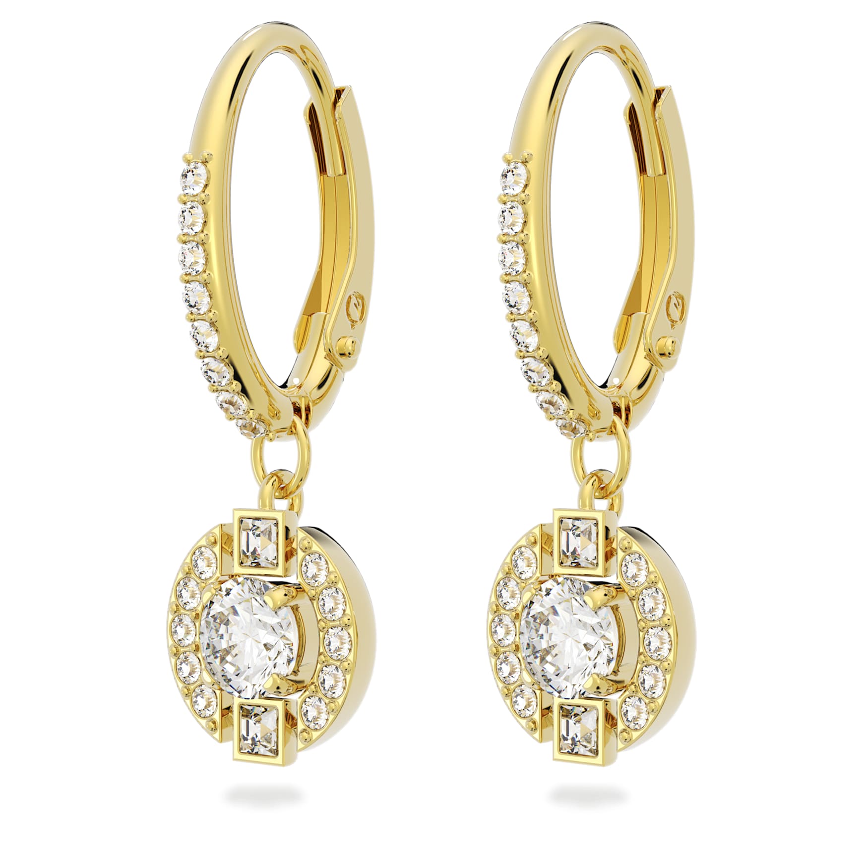 Una drop earrings, Round cut, White, 18K gold finish