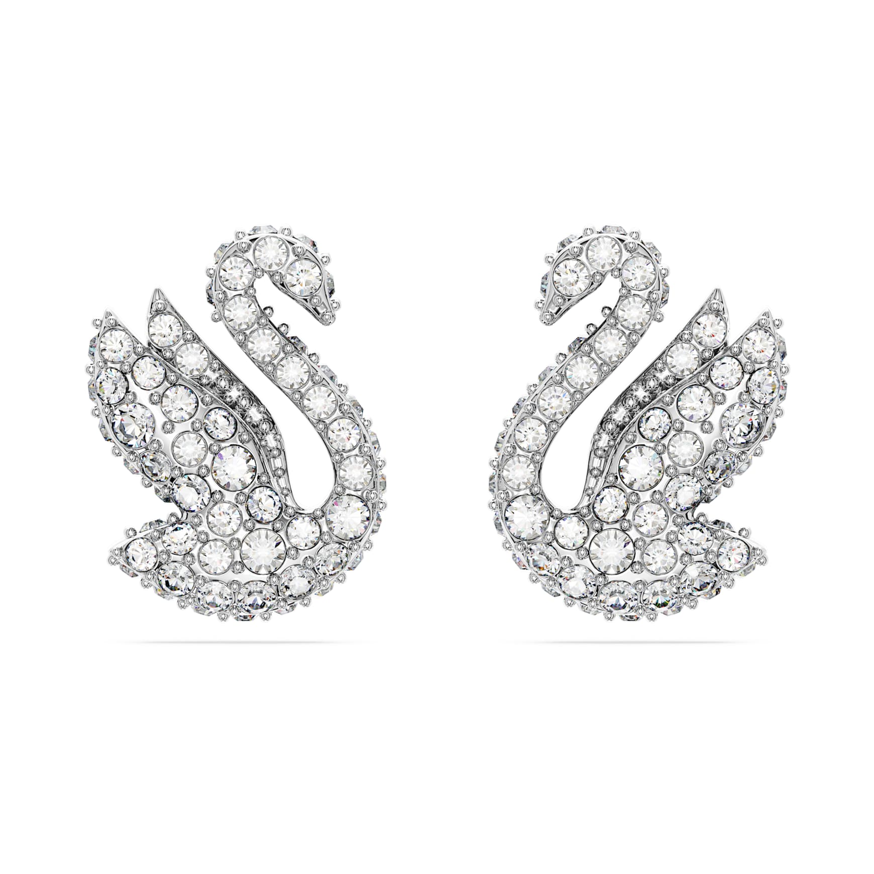 Swan stud earrings, Swan, White, Rhodium plated by SWAROVSKI