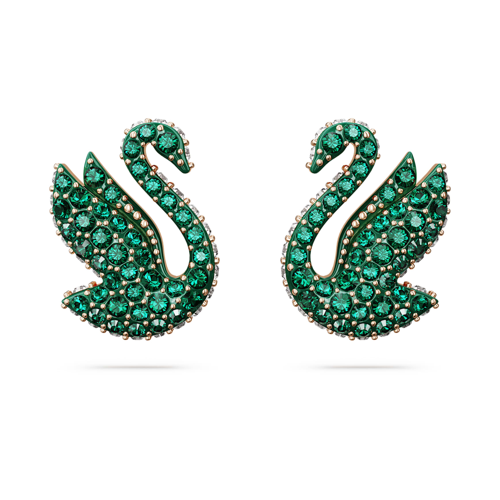 Swan stud earrings, Swan, Green, Rose gold-tone plated by SWAROVSKI