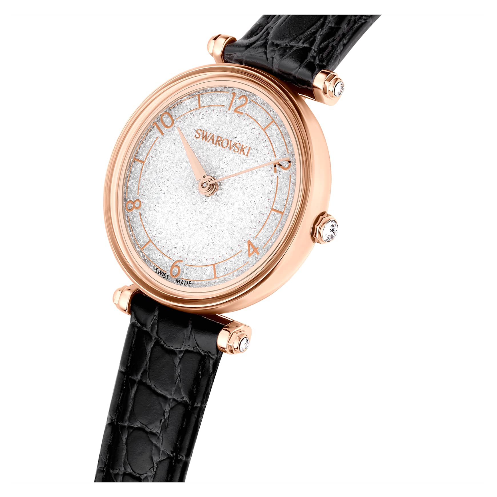 Crystalline wonder watch, Swiss Made, Leather strap, Black, Rose gold-tone finish