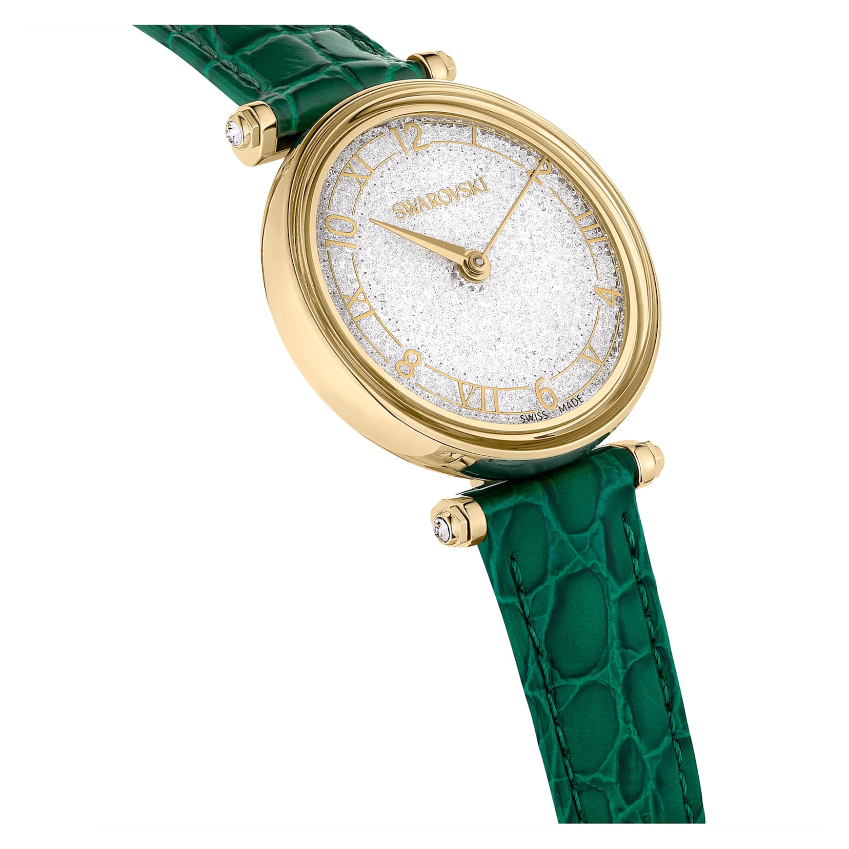 Crystalline wonder watch, Swiss Made, Leather strap, Green, Gold-tone finish by SWAROVSKI