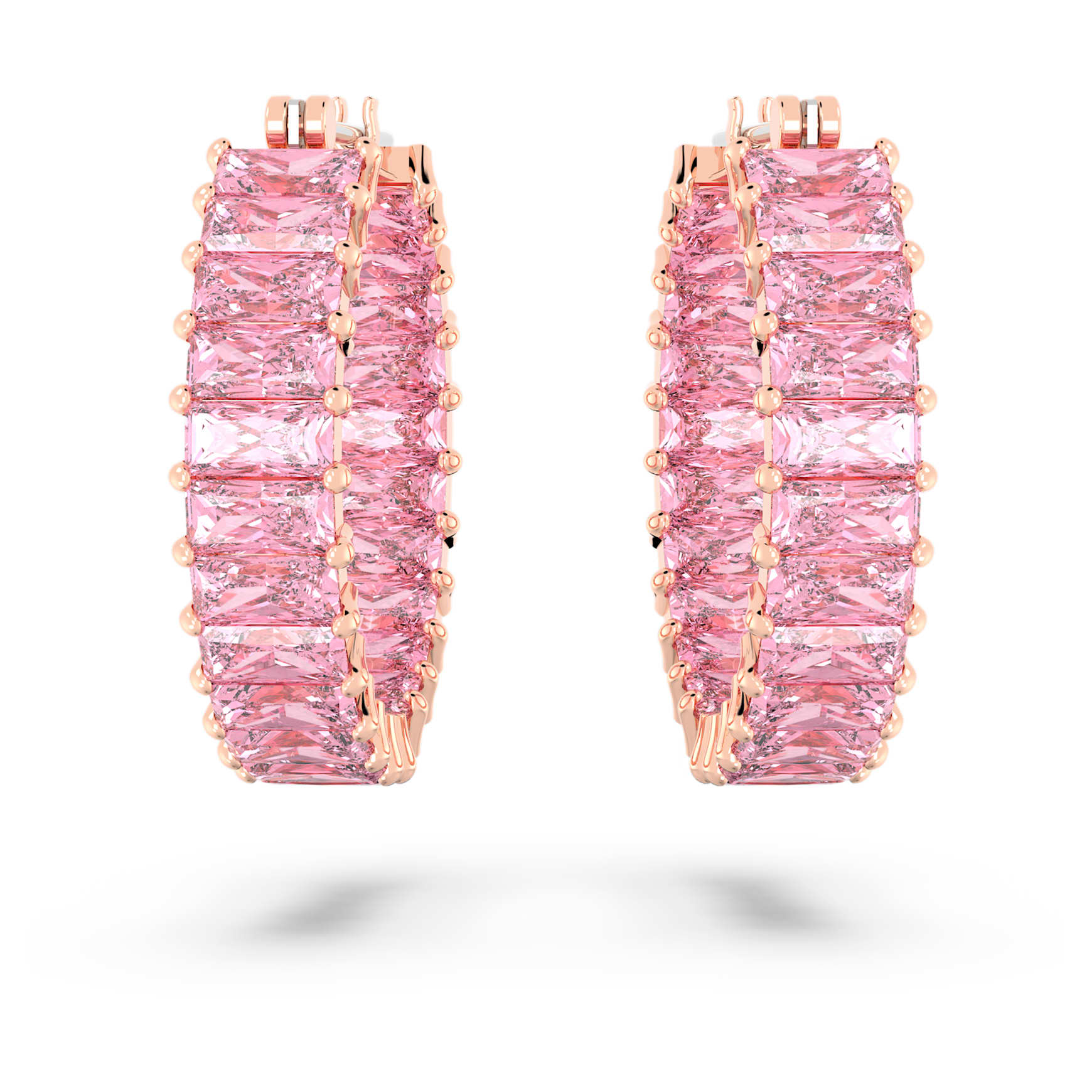Matrix hoop earrings, Baguette cut, Pink, 18K rose gold finish