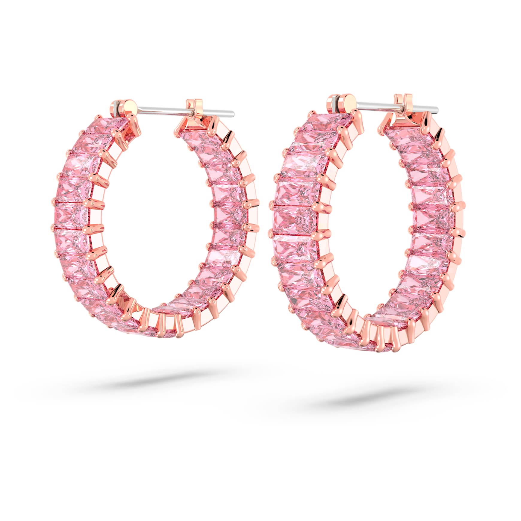 Matrix hoop earrings, Baguette cut, Pink, 18K rose gold finish