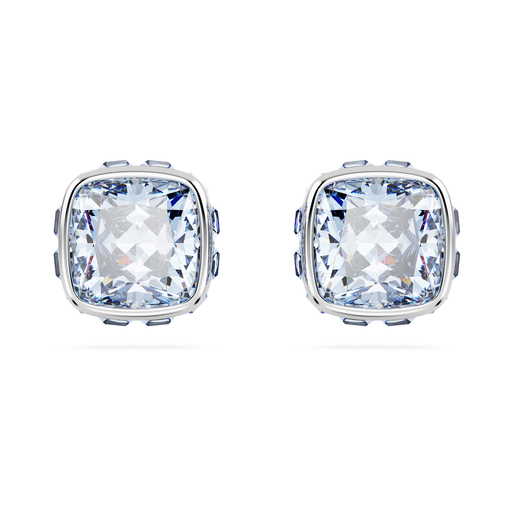 Birthstone stud earrings, Square cut, March, Blue, Rhodium plated by SWAROVSKI