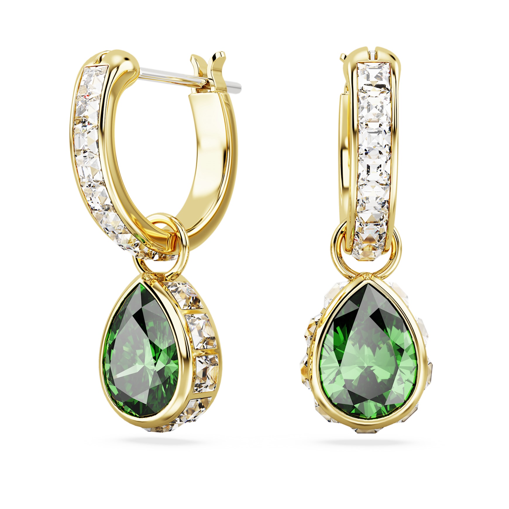 Chroma drop earrings, Pear cut, Green, 18K gold finish