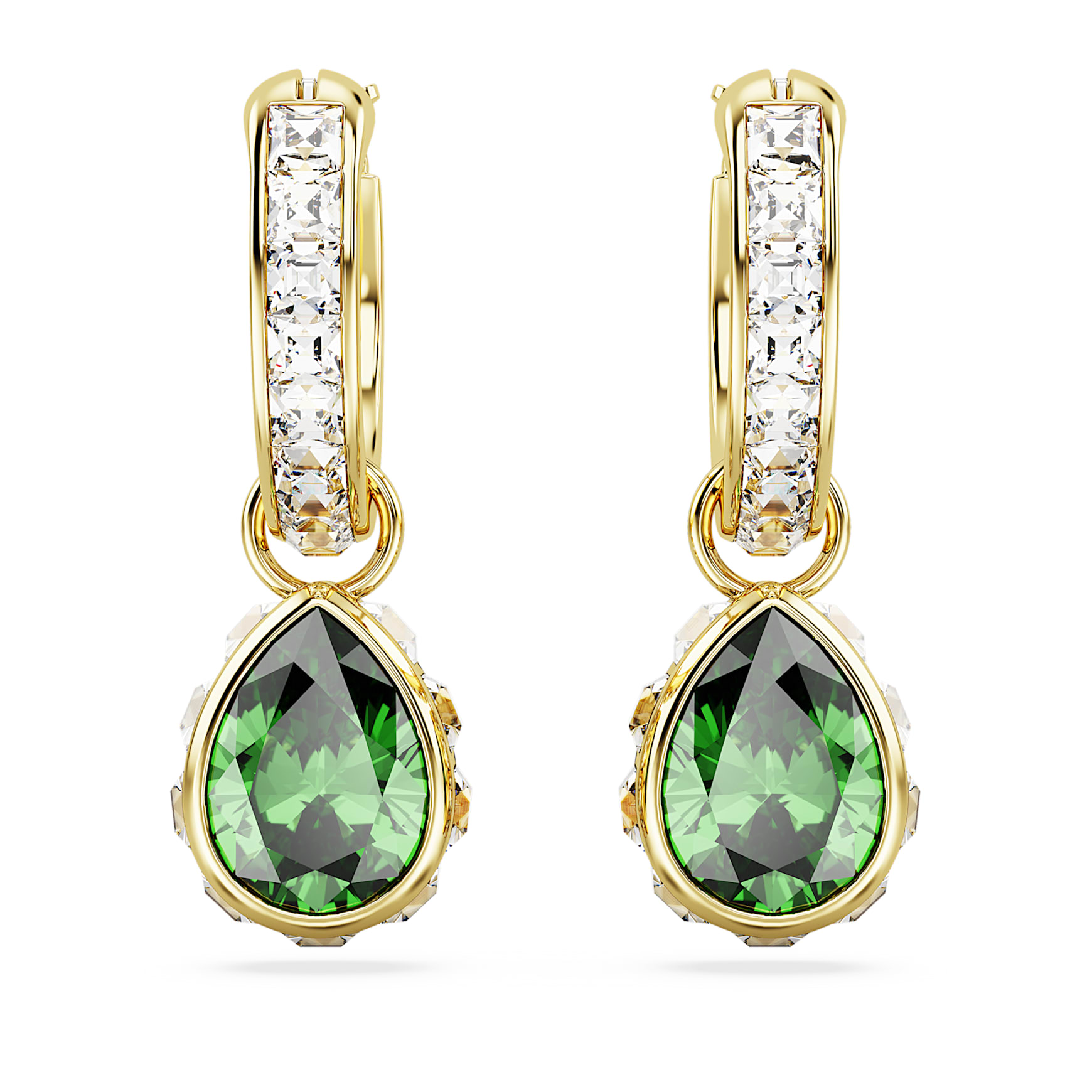 Chroma drop earrings, Pear cut, Green, 18K gold finish