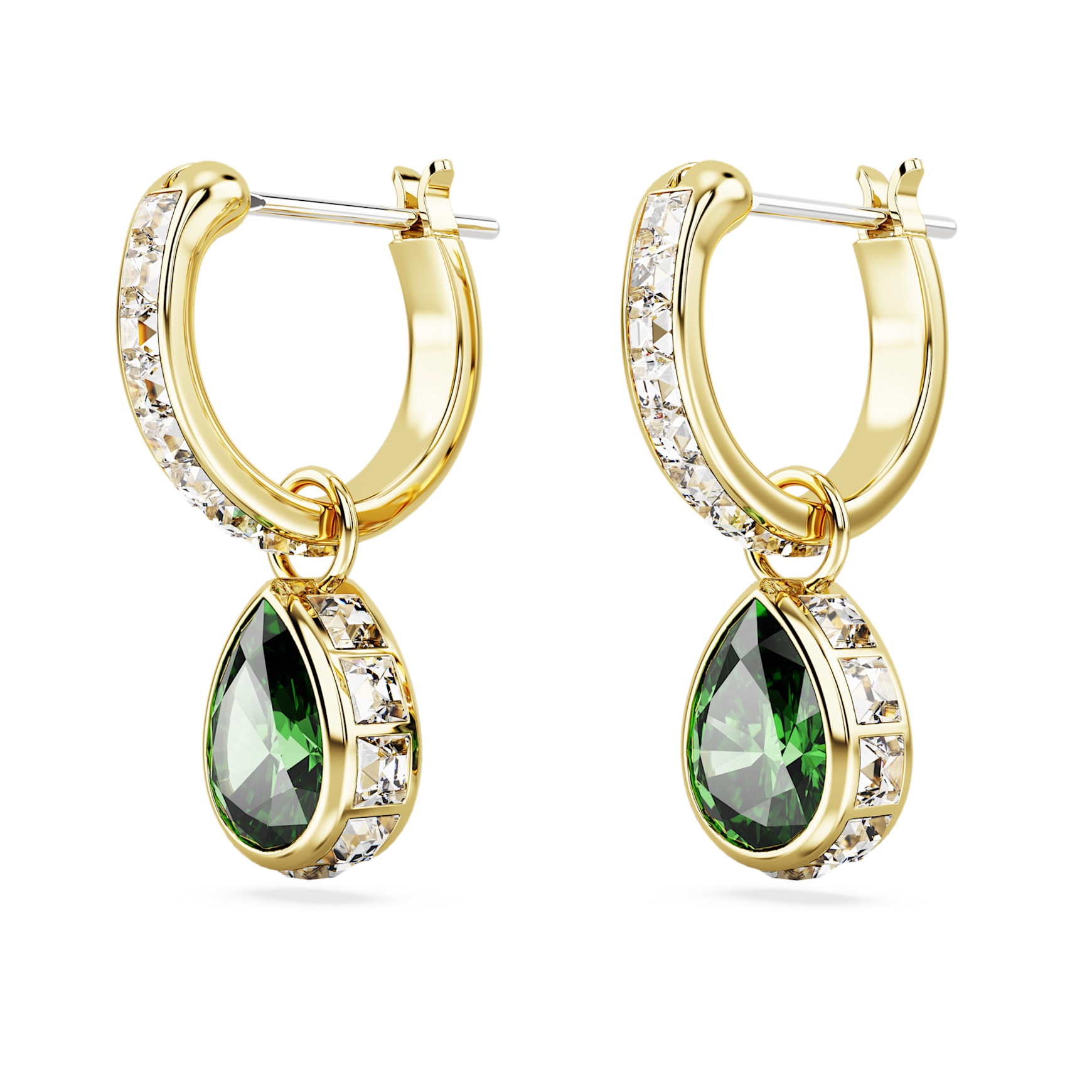 Chroma drop earrings, Pear cut, Green, 18K gold finish