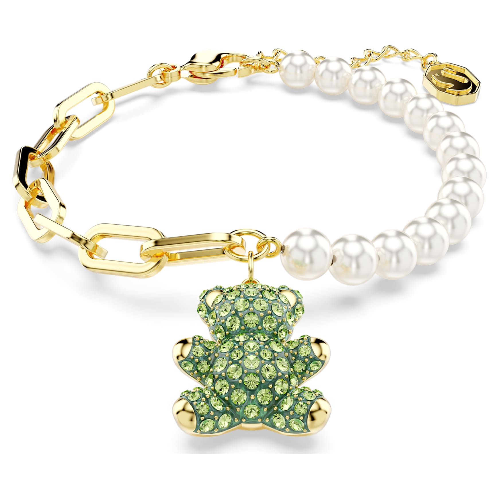 Teddy bracelet, Crystal pearl, Bear, Green, 18K gold finish