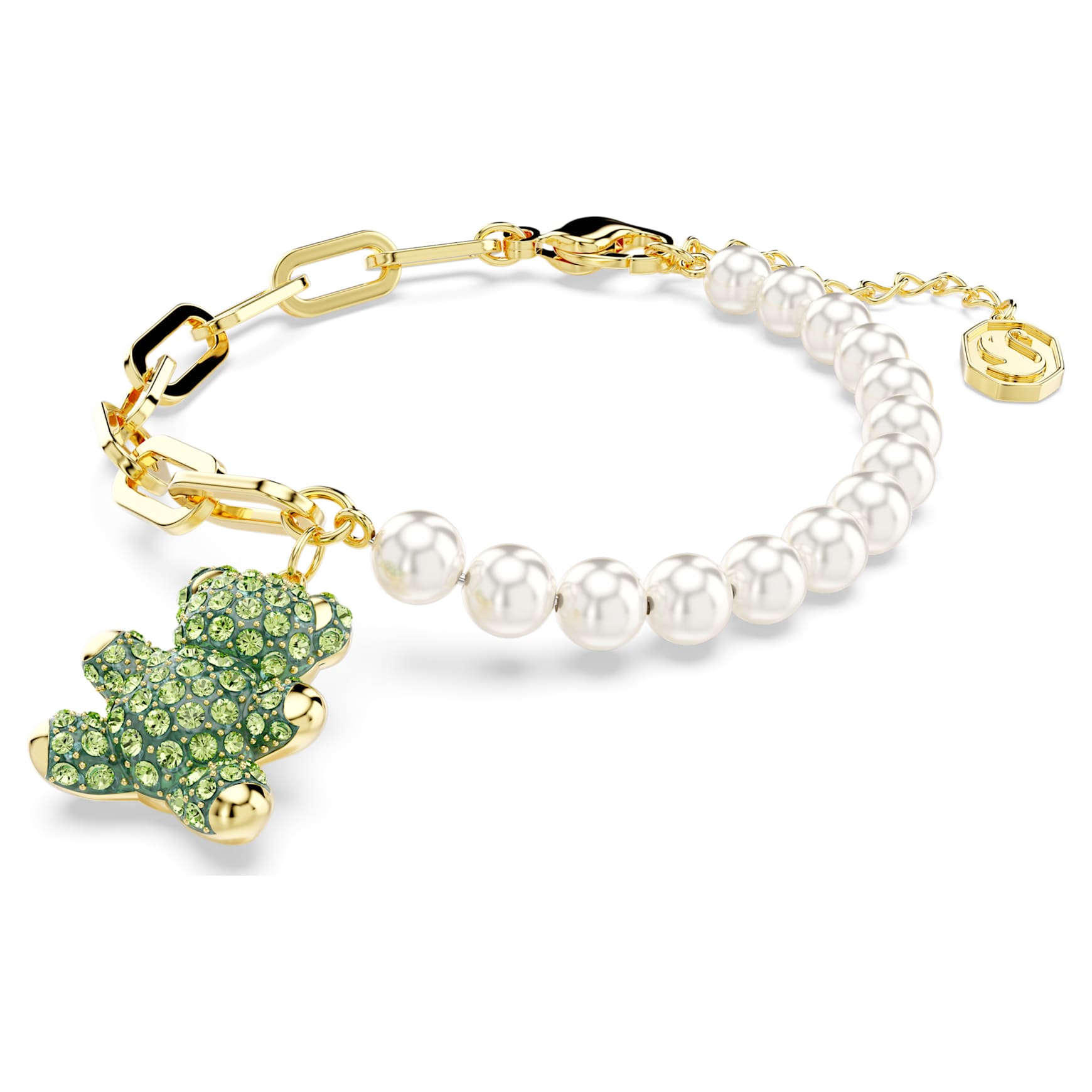 Teddy bracelet, Crystal pearl, Bear, Green, 18K gold finish