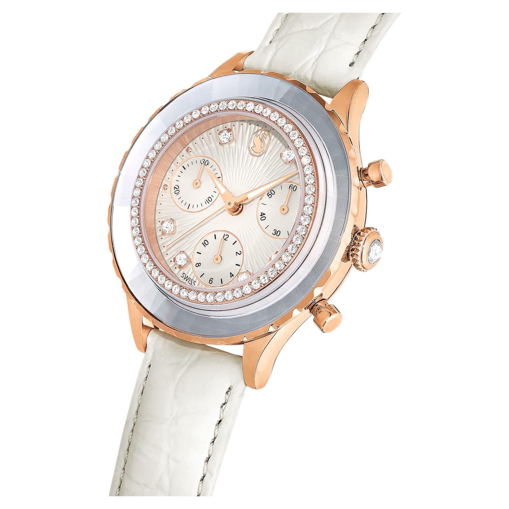 Octea chrono watch, Swiss Made, Leather strap, White, Rose gold-tone finish by SWAROVSKI