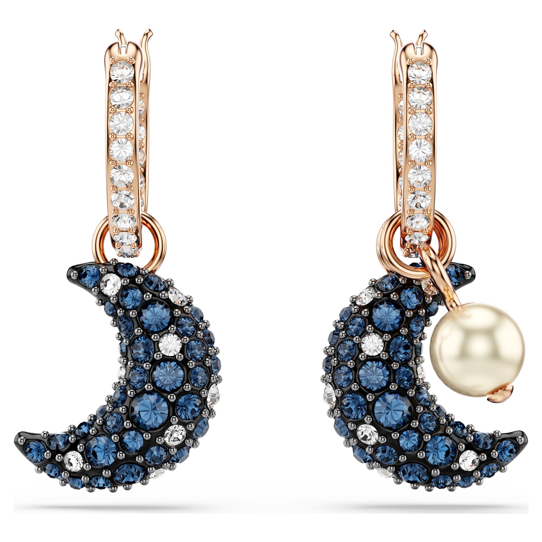 Sublima drop earrings, Crystal pearl, Asymmetrical design, Moon, Multicoloured, 18K rose gold finish