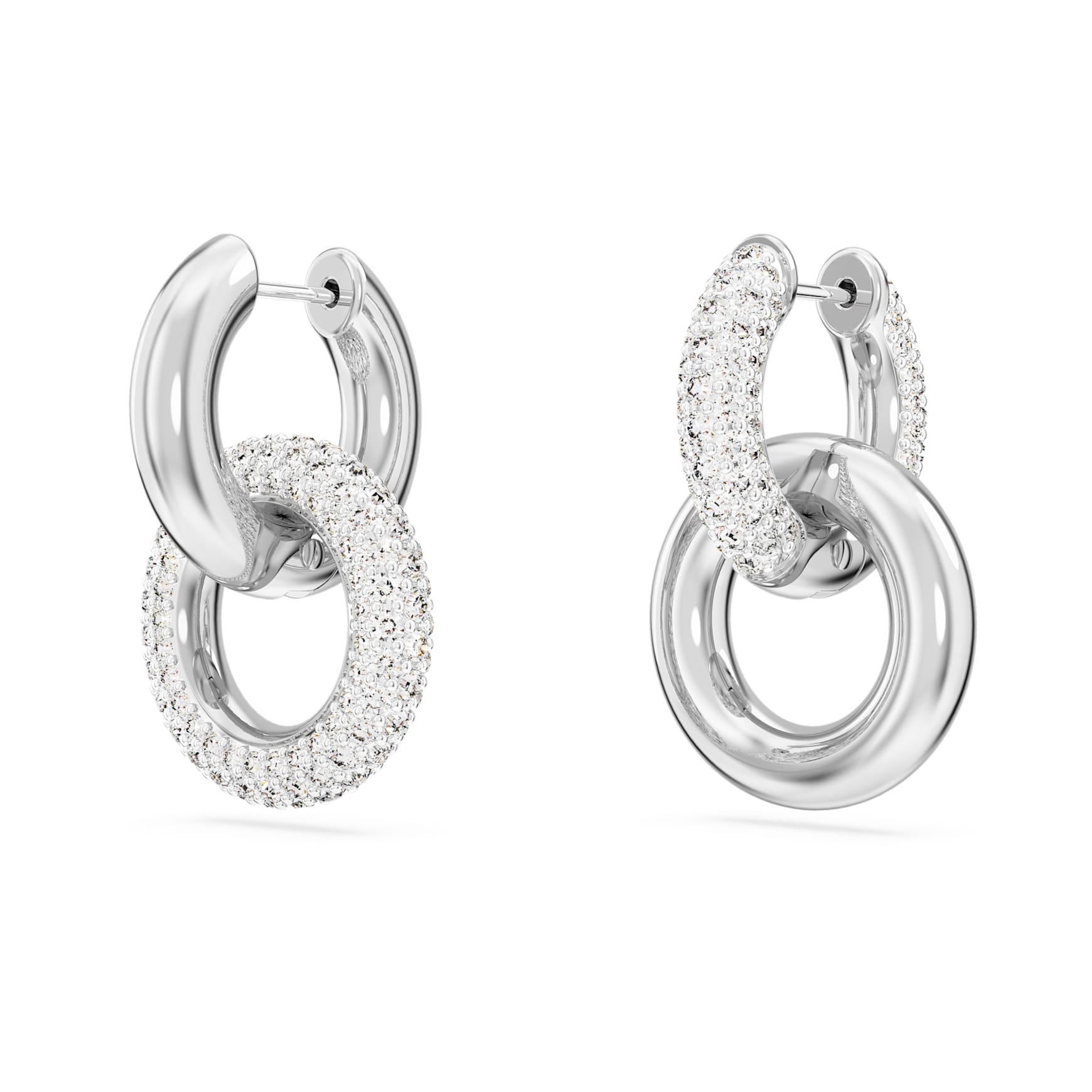 Dextera hoop earrings, Asymmetrical design, Interlocking loop, White, Rhodium plated by SWAROVSKI