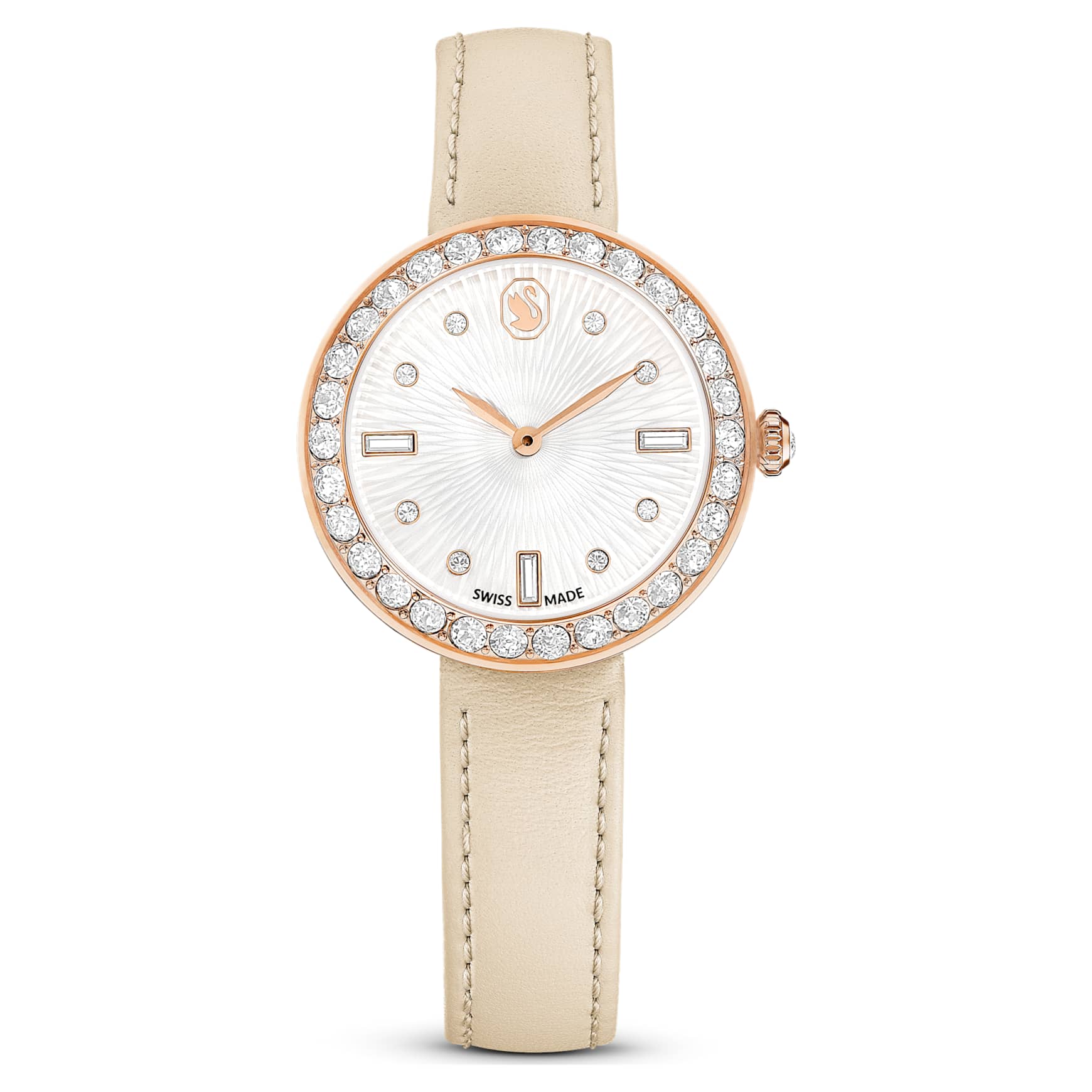 Matrix tennis 7-link watch, Swiss Made, Leather strap, Gray, Rose gold-tone finish by SWAROVSKI