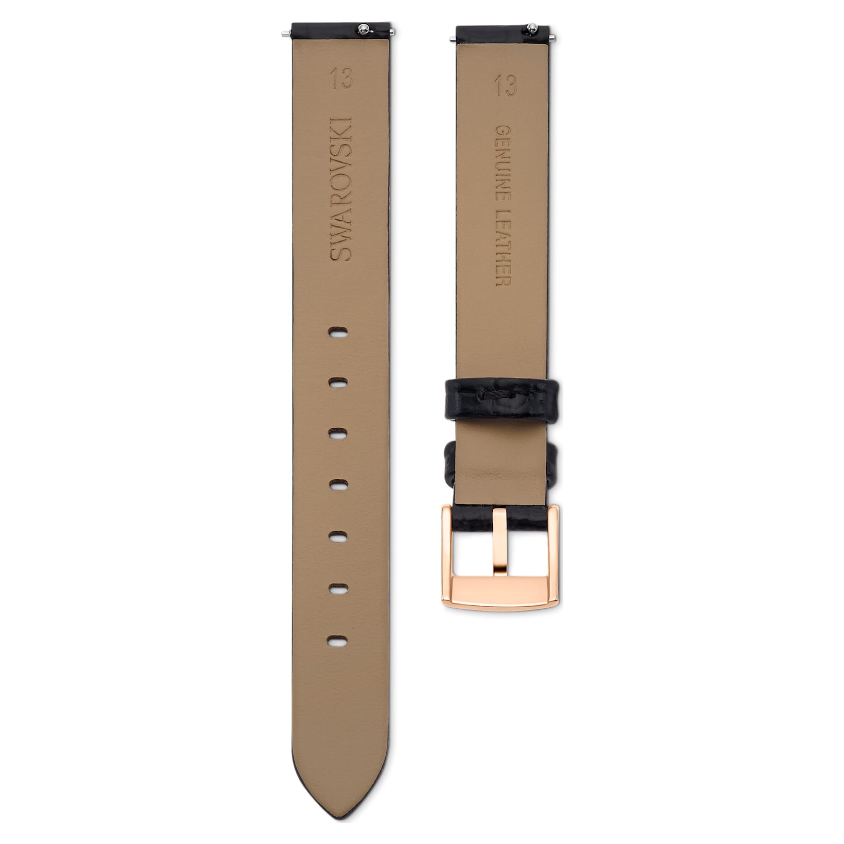 Watch strap, 13 mm (0.51") width, Leather, Black, Rose gold-tone finish by SWAROVSKI