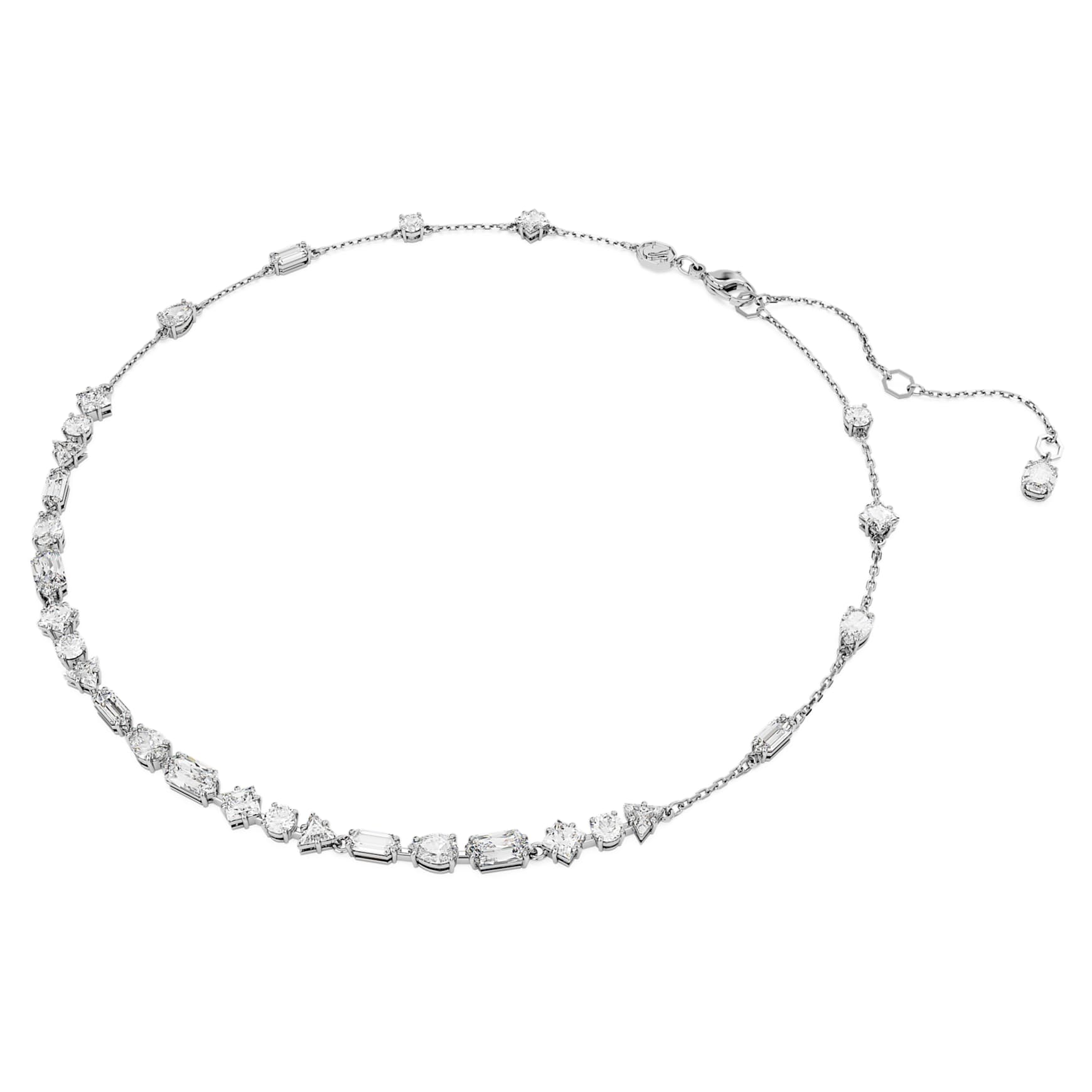 Mesmera necklace, Mixed cuts, Scattered design, White, Rhodium plated by SWAROVSKI