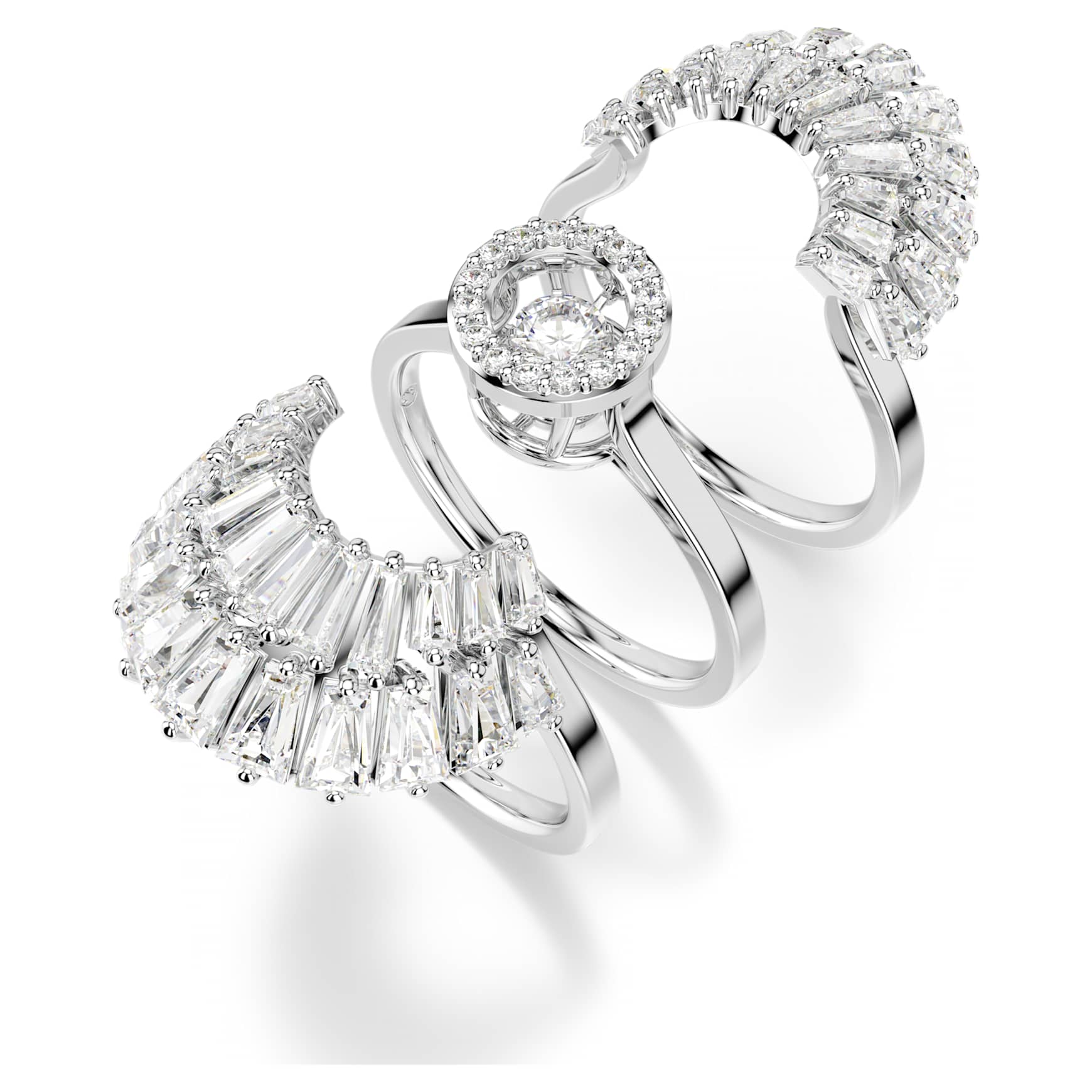 Idyllia ring, Set (3), Mixed cuts, Shell, White, Rhodium plated