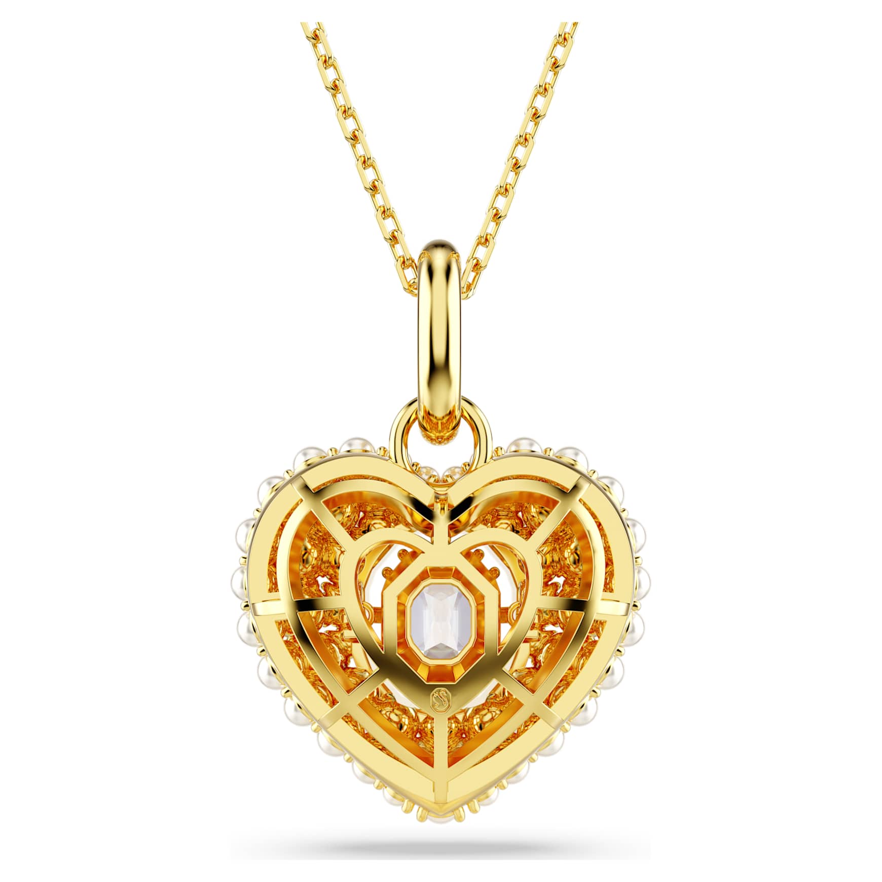 Idyllia pendant, Crystal pearl, Heart, White, 18K gold finish