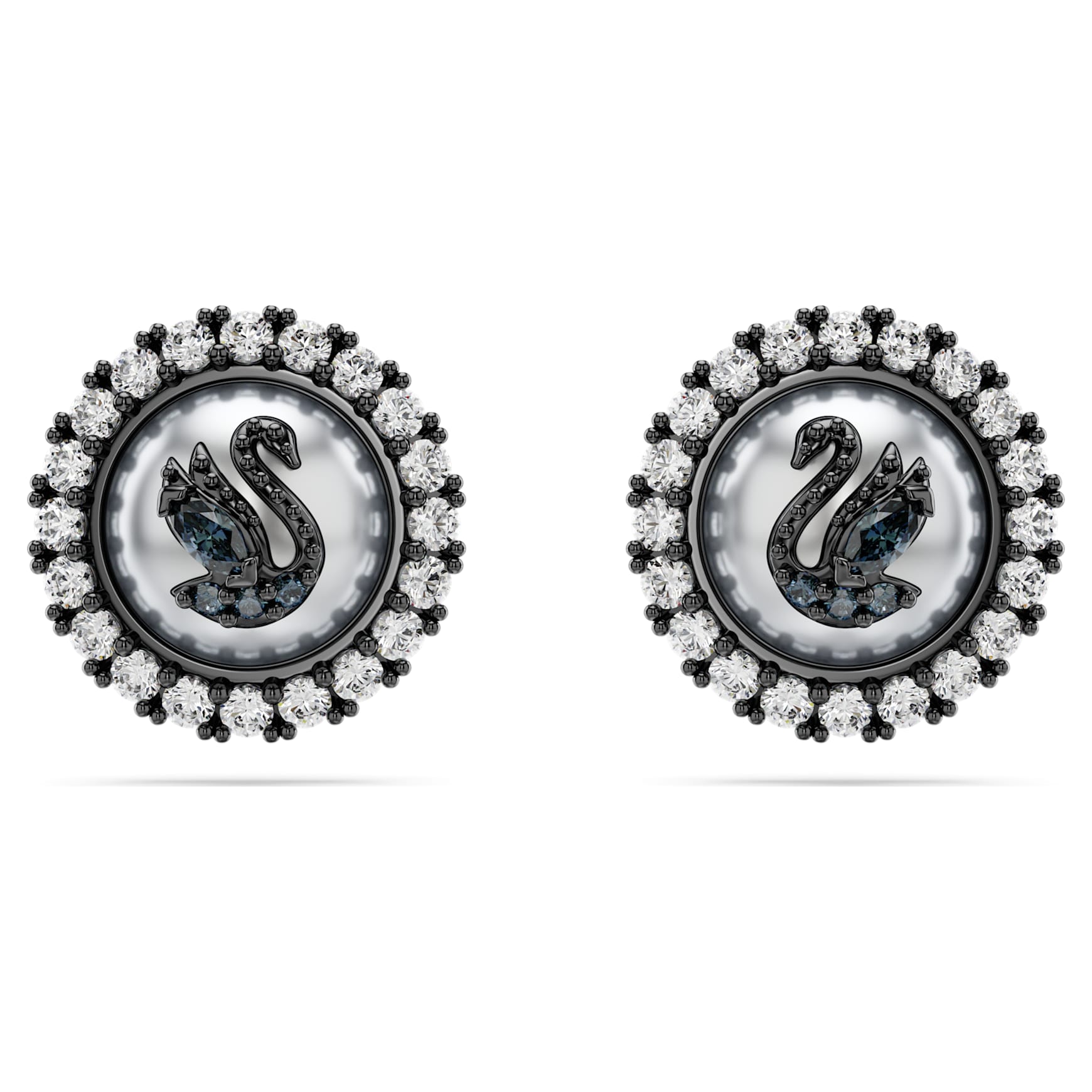 Swarovski Swan stud earrings, Crystal pearl, Swan, Gray, Ruthenium plated by SWAROVSKI