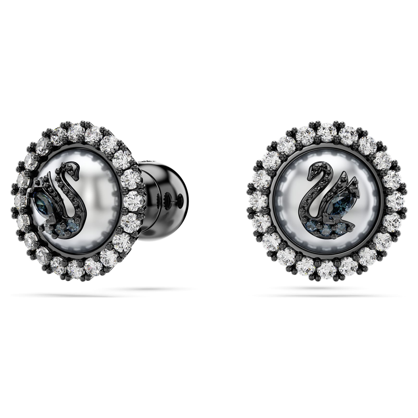 Swarovski Swan stud earrings, Crystal pearl, Swan, Gray, Ruthenium plated by SWAROVSKI