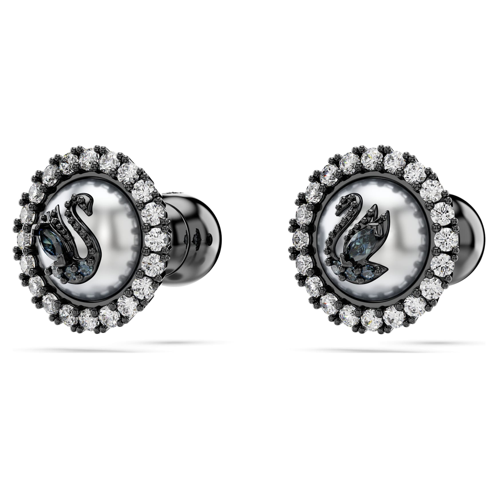 Swarovski Swan stud earrings, Crystal pearl, Swan, Grey, Ruthenium plated by SWAROVSKI