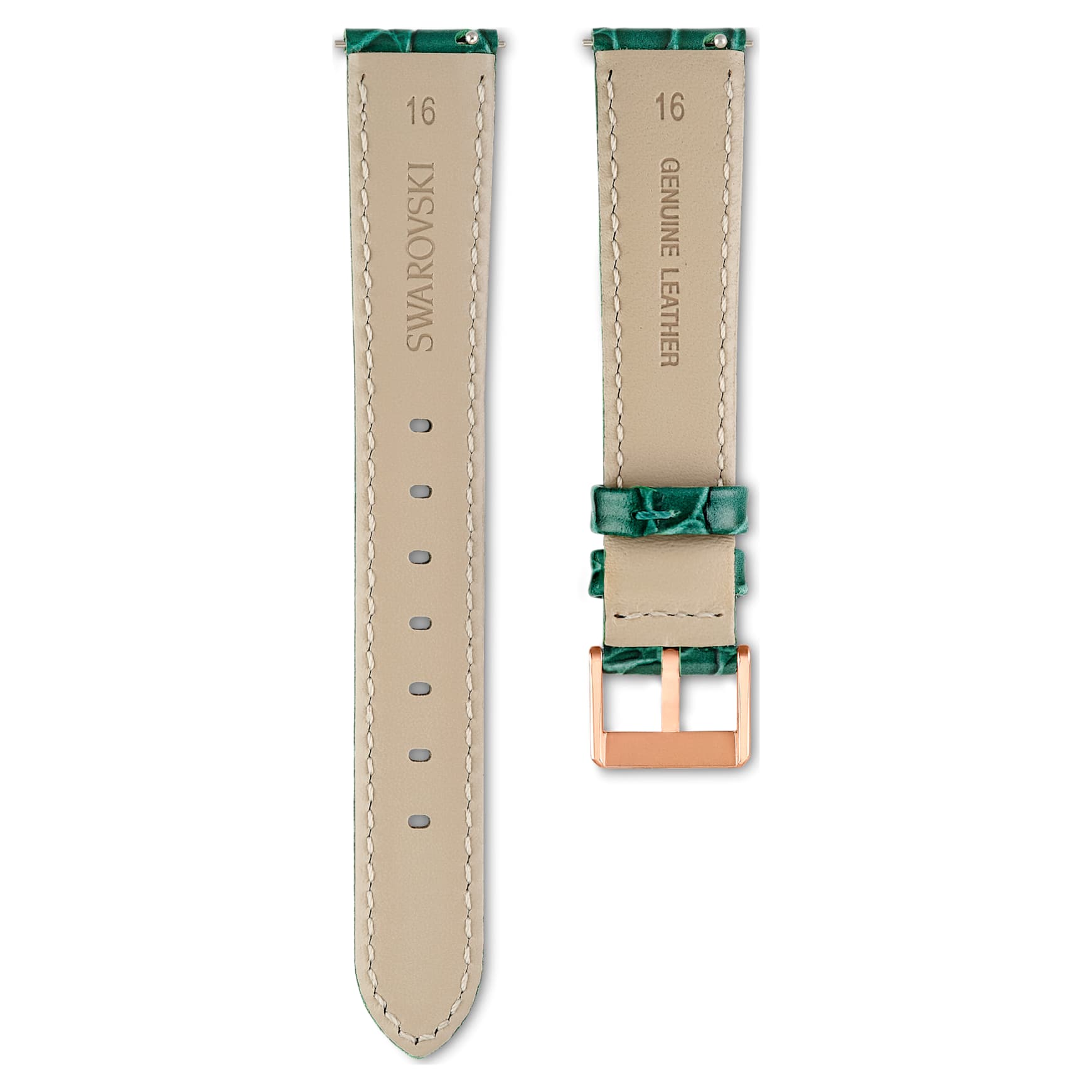 Watch strap, 16 mm (0.63") width, Leather with stitching, Green by SWAROVSKI