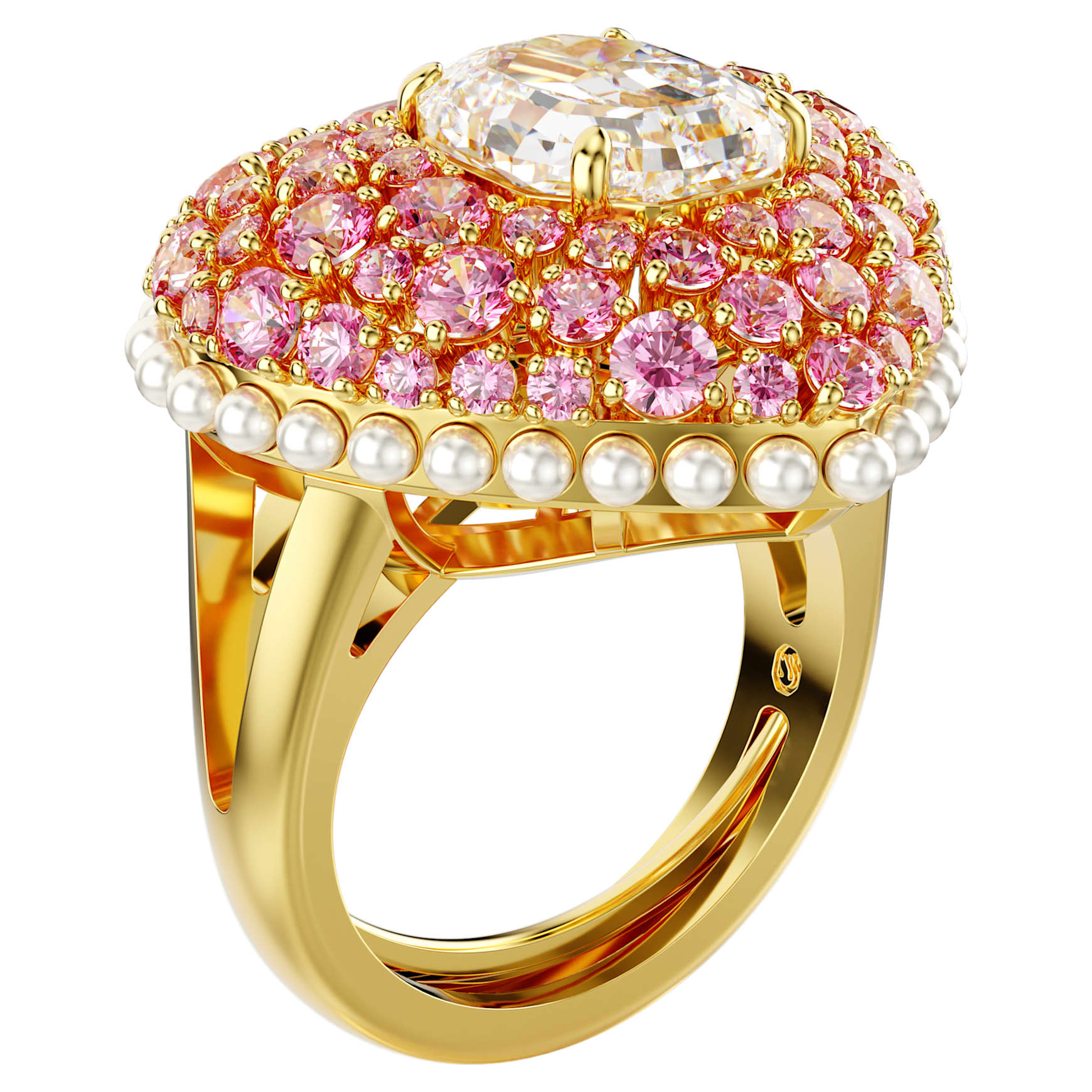 Idyllia cocktail ring, Octagon cut, Crystal pearls, Heart, Pink, Gold-tone plated