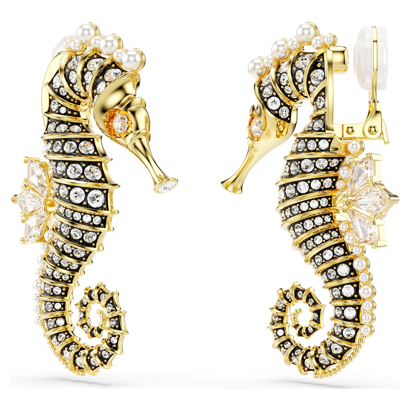 Idyllia clip earrings, Crystal pearl, Seahorse, White, Gold-tone plated by SWAROVSKI