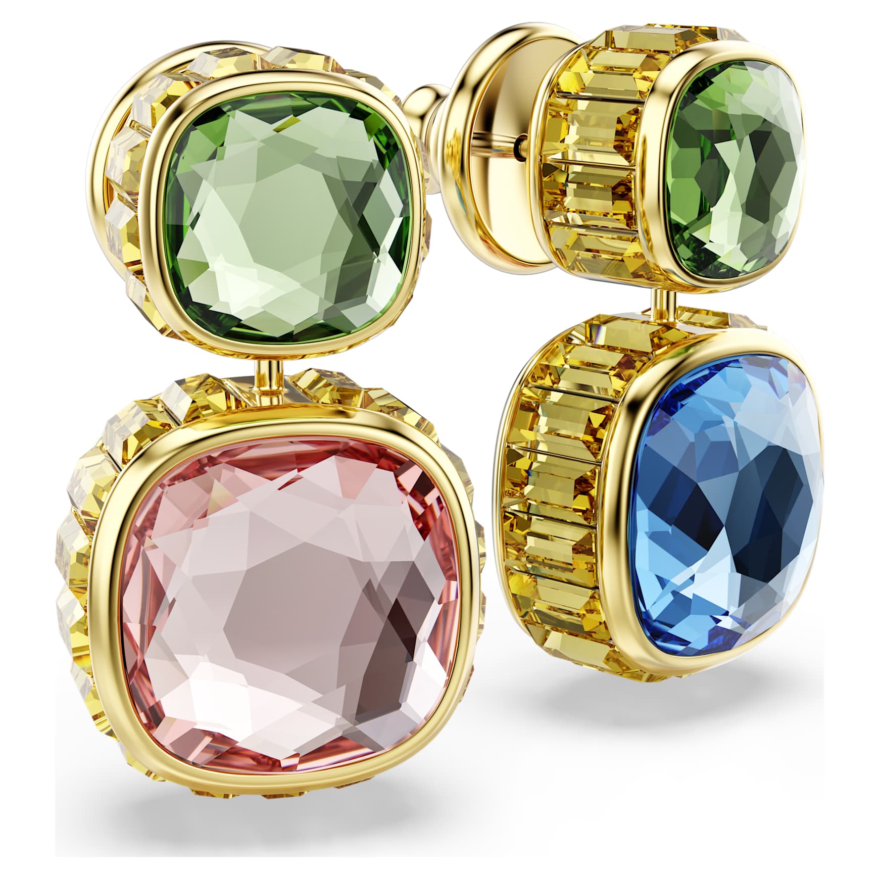 Chroma drop earrings, Cushion cut, Multicoloured, 18K gold finish