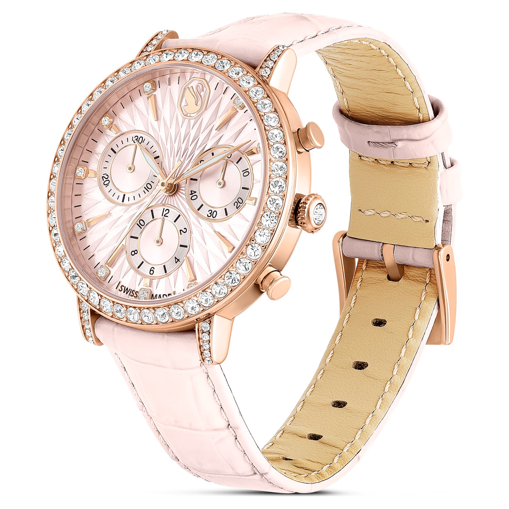 Matrix tennis chrono watch, Swiss Made, Leather strap, Pink, Rose gold-tone finish by SWAROVSKI