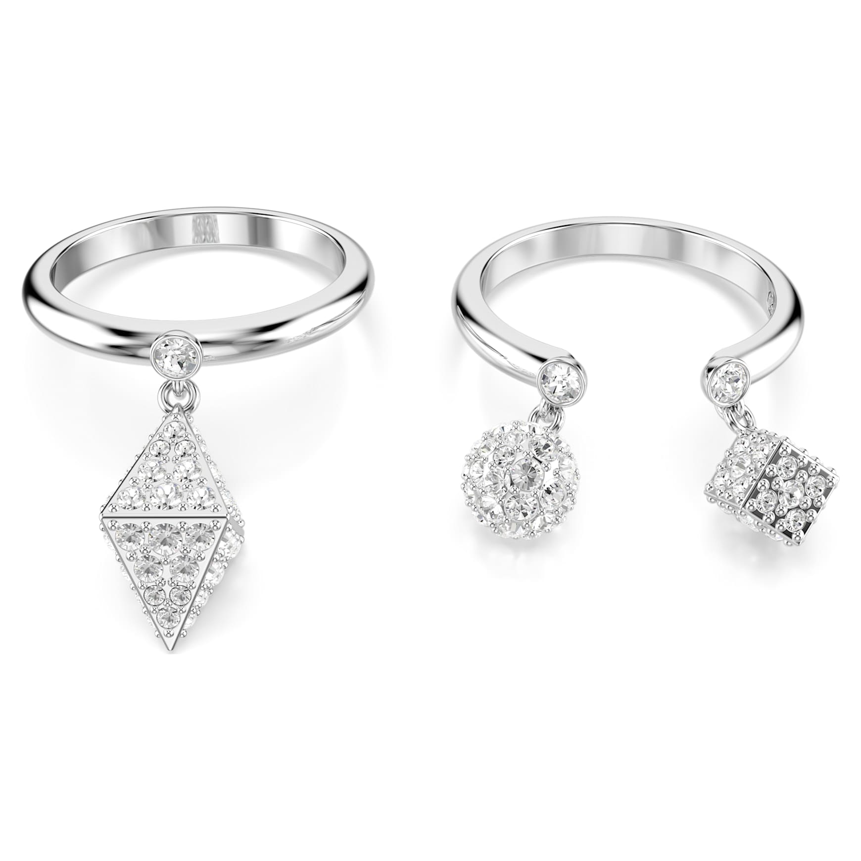 Dextera ring, Set (2), Sphere and cube, White, Rhodium plated by SWAROVSKI