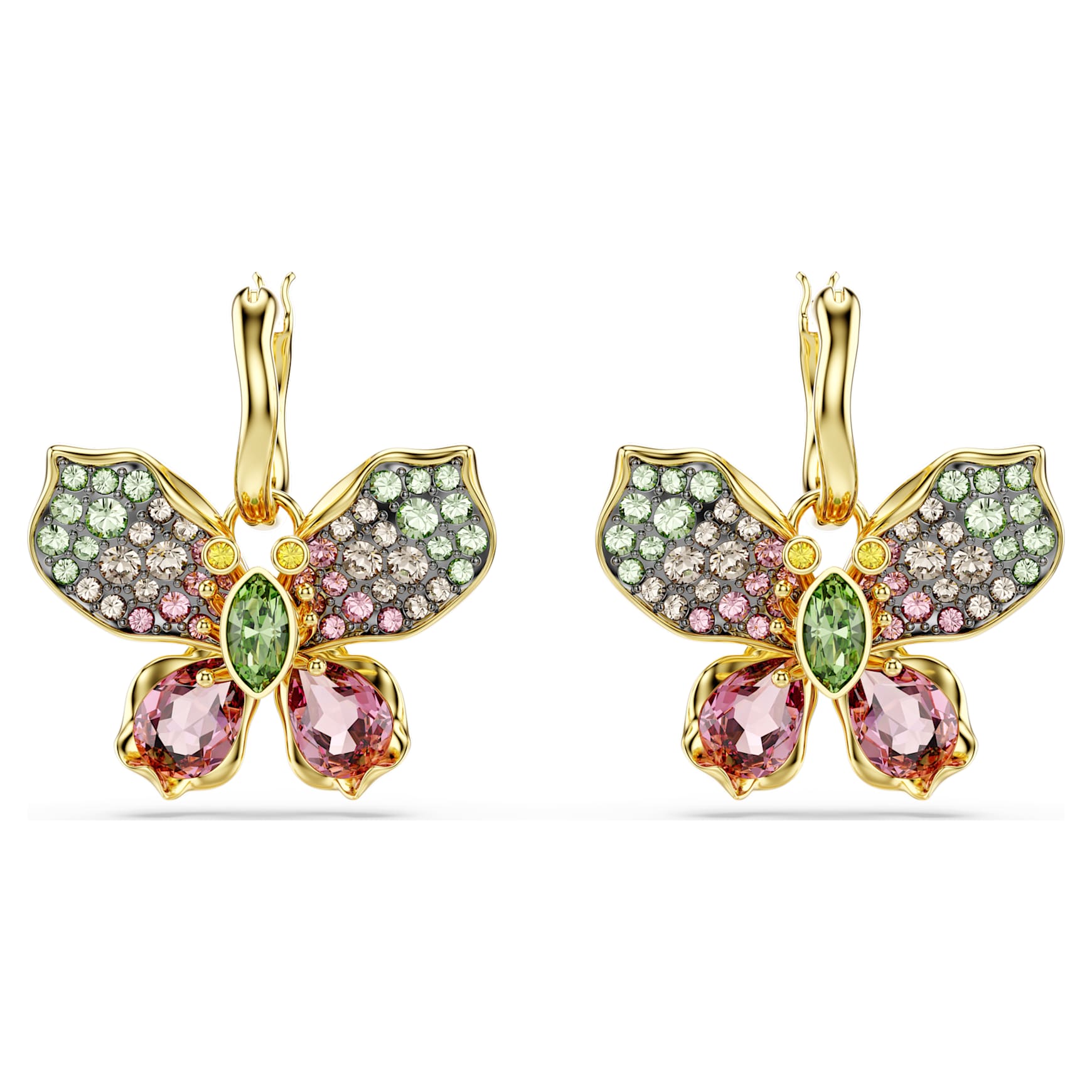 Idyllia drop earrings, Mixed cuts, Pavé, Butterfly, Multicolored, Gold-tone plated by SWAROVSKI
