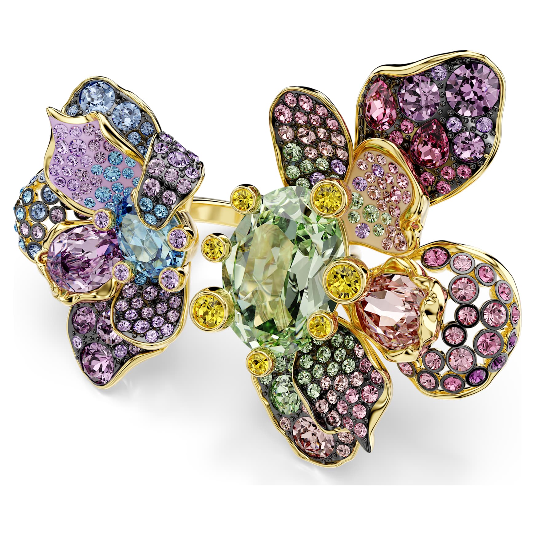 Idyllia ring, Mixed cuts, Pavé, Flower, Multicoloured, 18K gold finish
