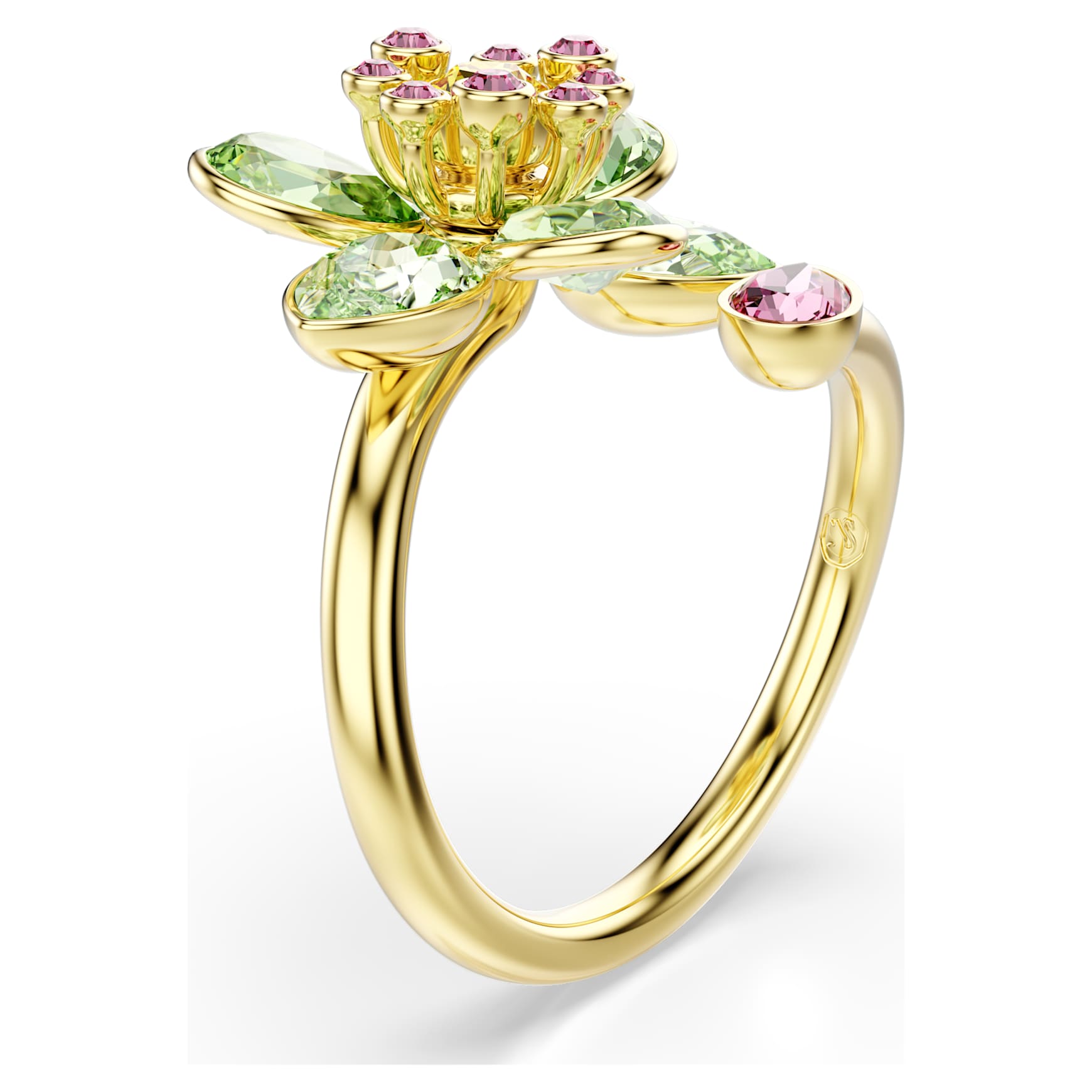 Idyllia open ring, Mixed cuts, Flower, Green, 18K gold finish