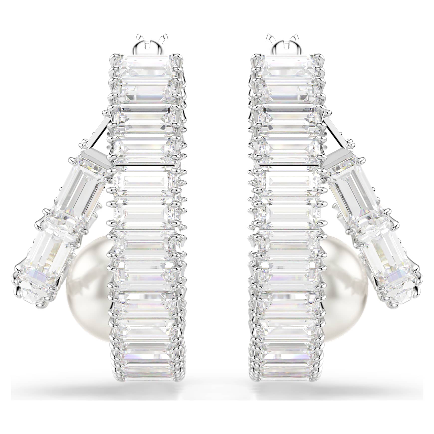 Ariana Grande x Swarovski hoop earrings, Crystal pearl, Baguette cut, White, Rhodium plated by SWAROVSKI