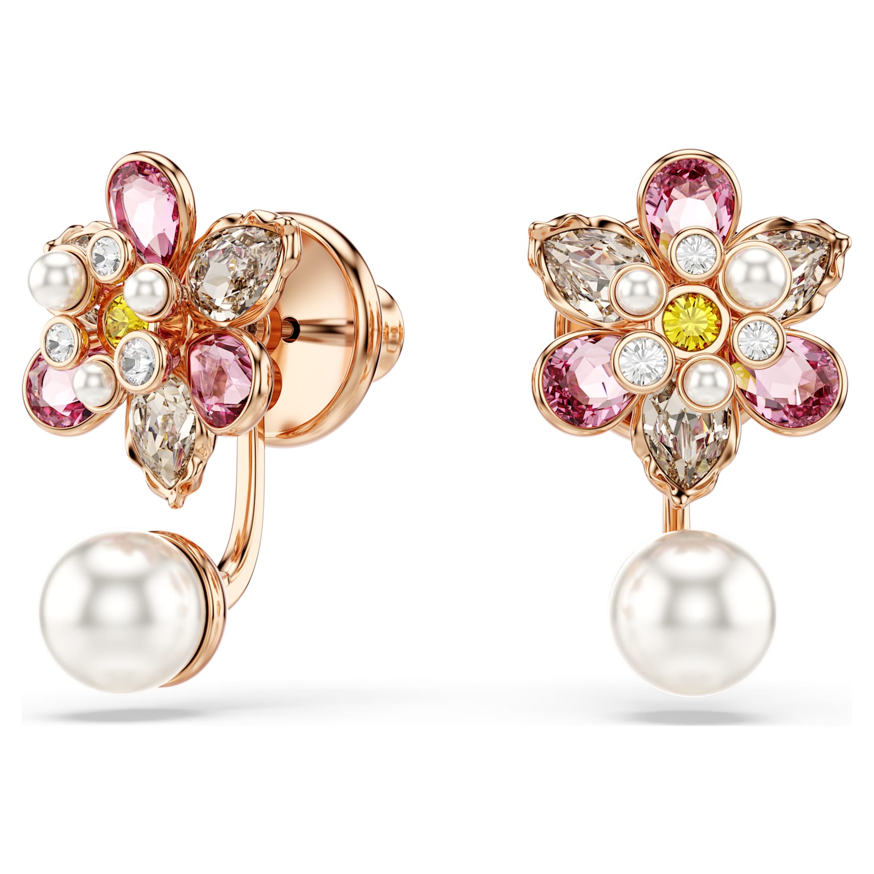 Idyllia earring jackets, Crystal pearl, Mixed cuts, Flower, Multicoloured, 18K rose gold finish