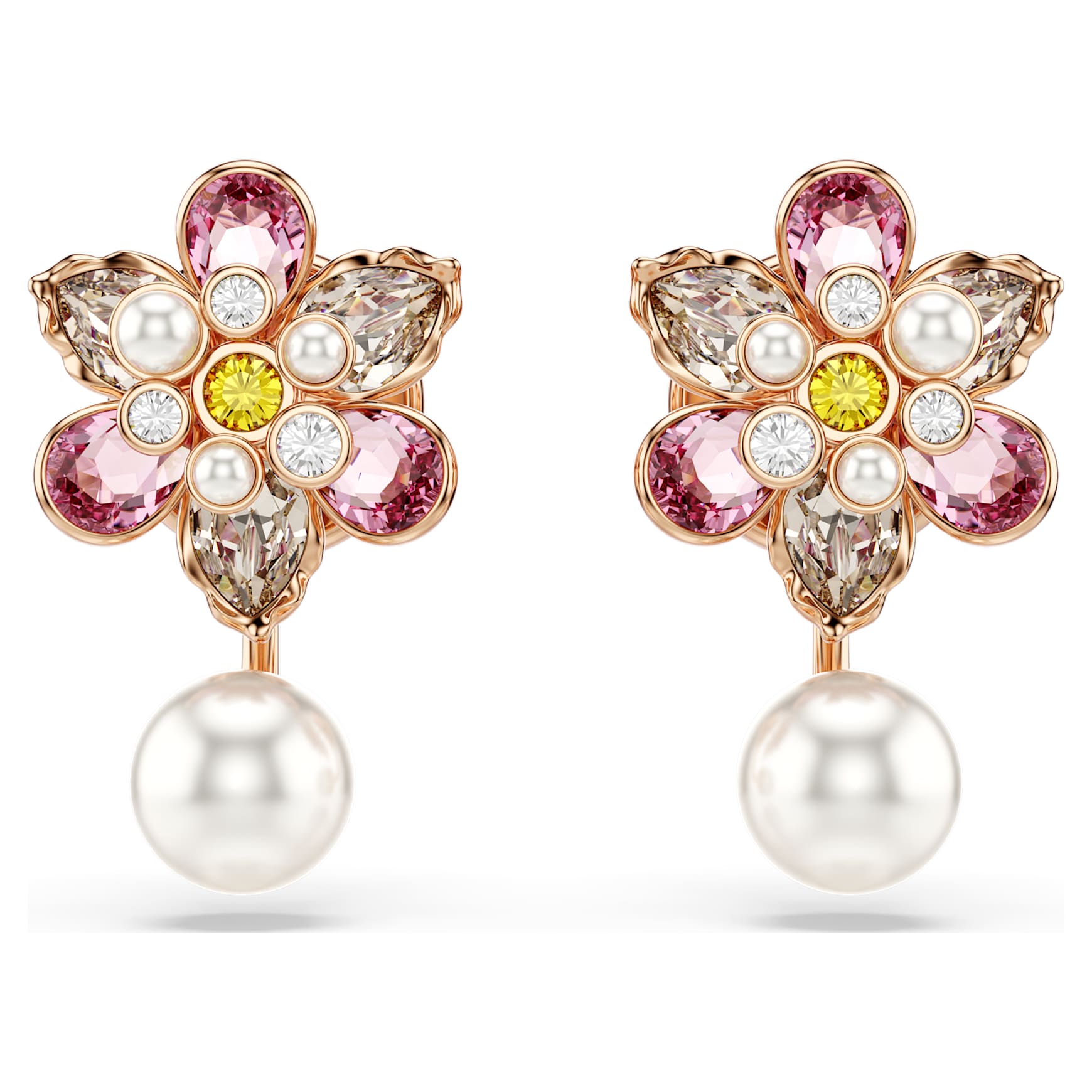 Idyllia earring jackets, Crystal pearl, Mixed cuts, Flower, Multicoloured, 18K rose gold finish