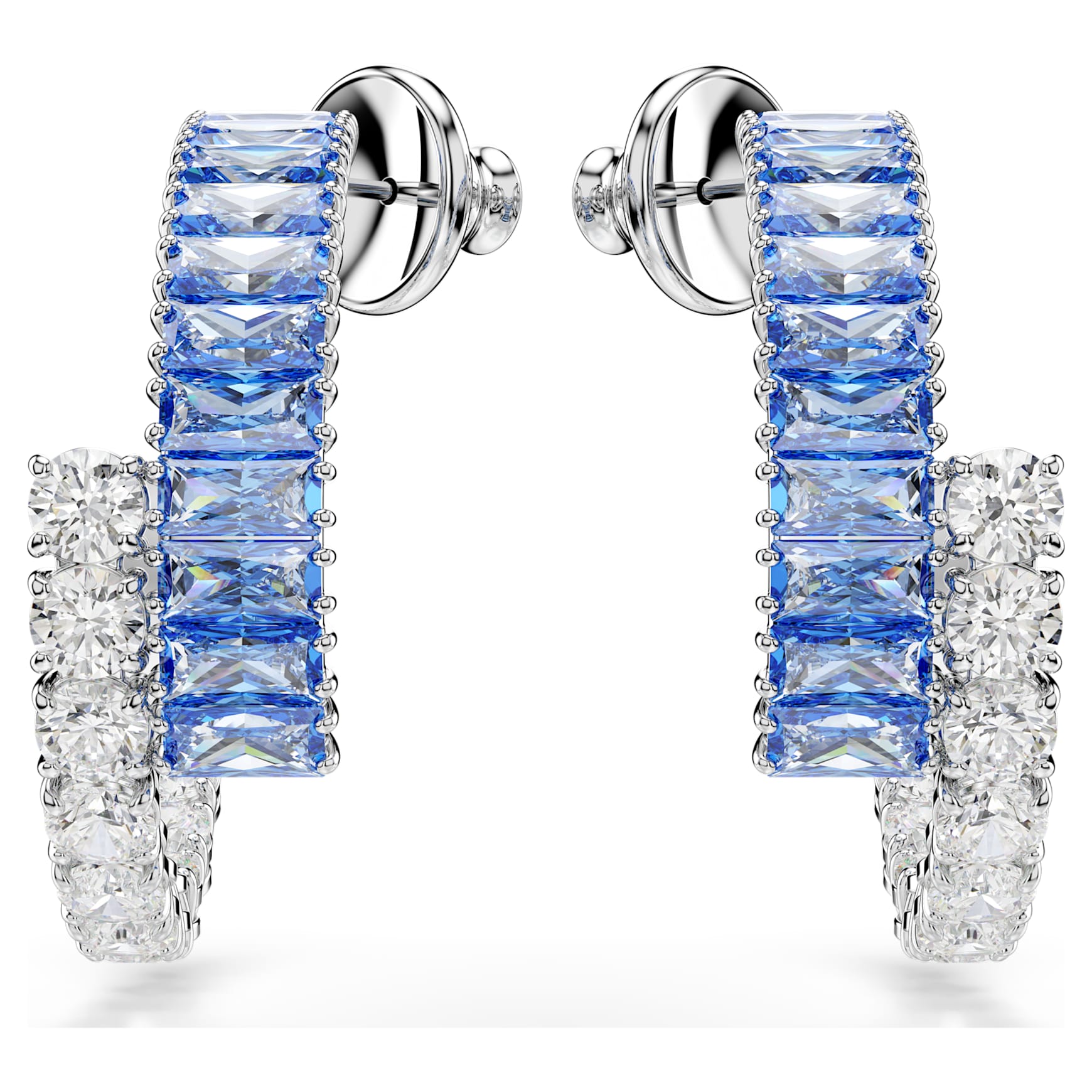 Matrix hoop earrings, Mixed cuts, Blue, Rhodium plated by SWAROVSKI