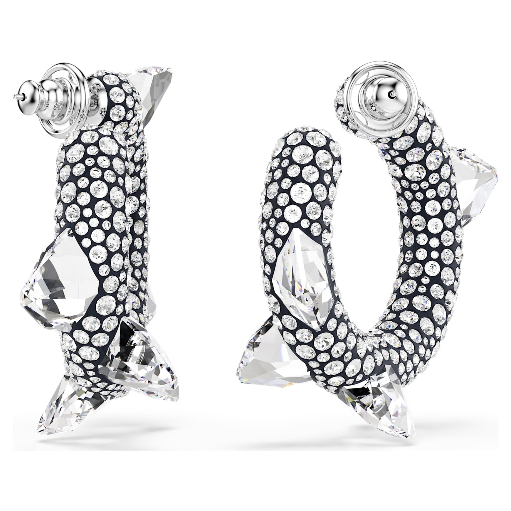 Sublima hoop earrings, Spike, White, Rhodium plated by SWAROVSKI
