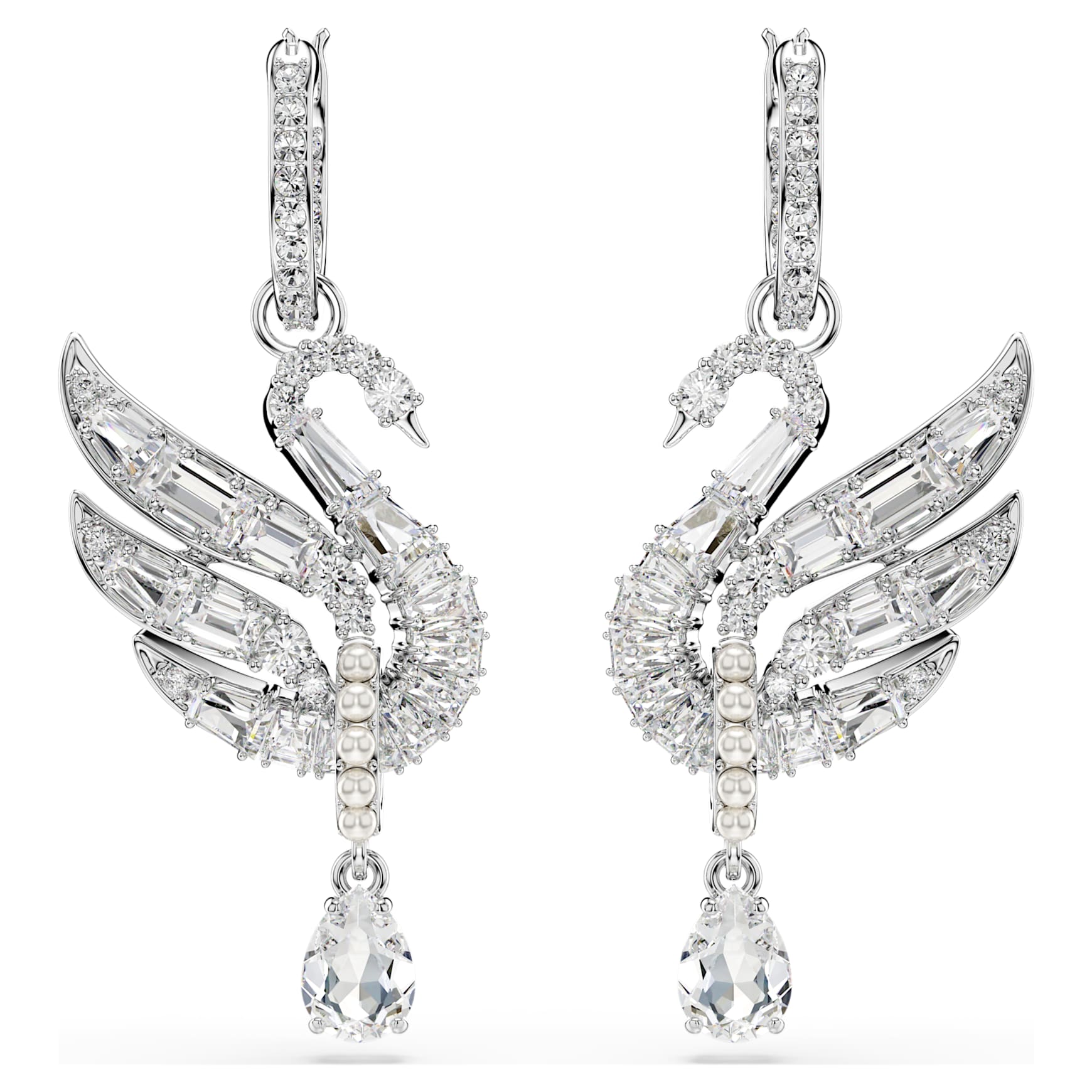 Swan earrings, Swan, White, Rhodium plated by SWAROVSKI